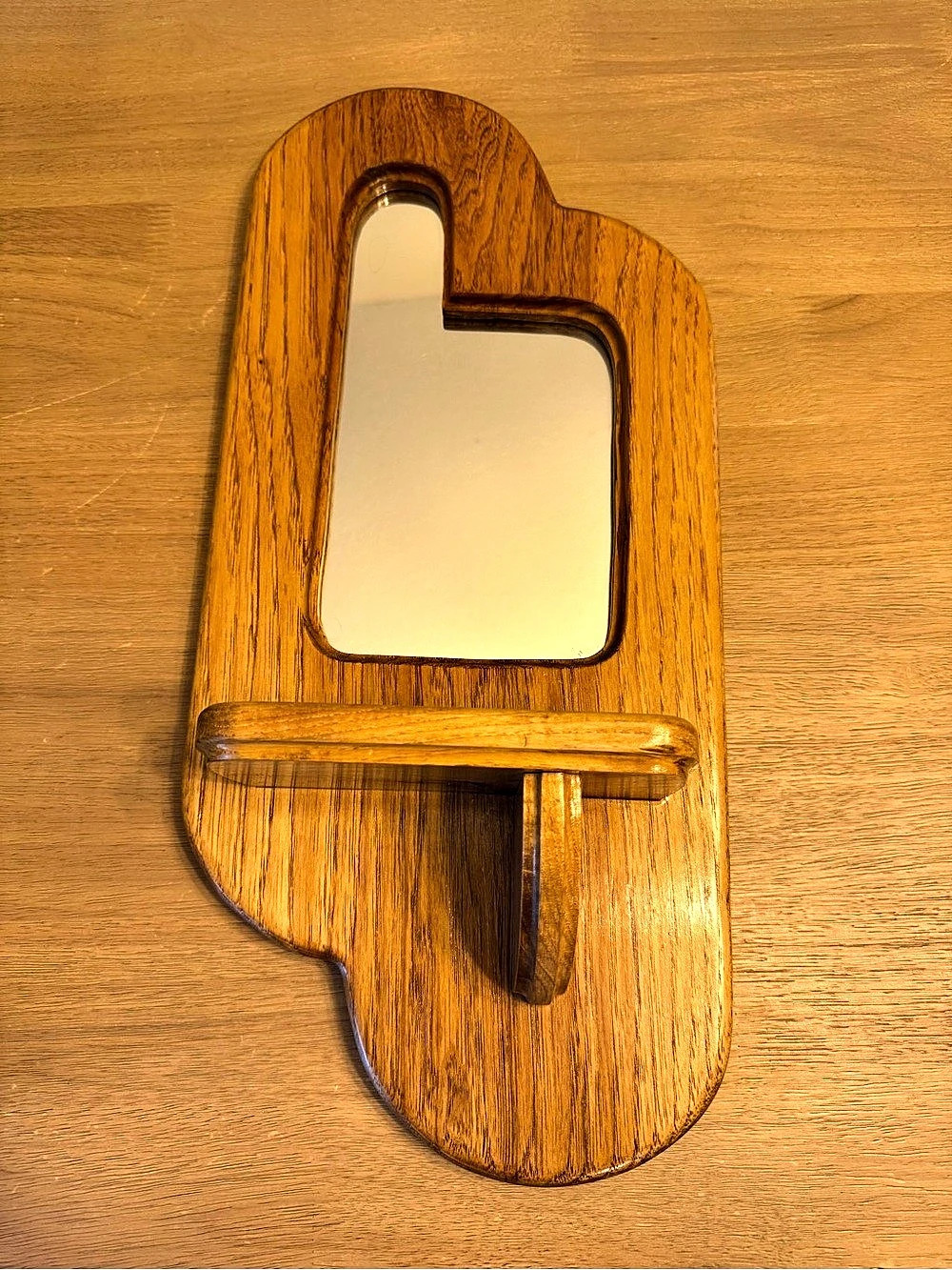 Vintage Handmade uniquly shaped Oak Wall Shelf with Mirror